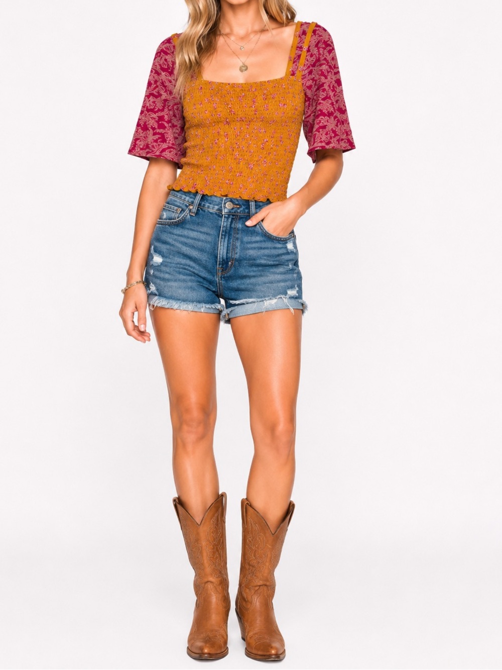 FREE PEOPLE Marigold Top - Size Small-Golden Floral Smocked Boho Crop Blouse-NWT - Picture 2 of 16